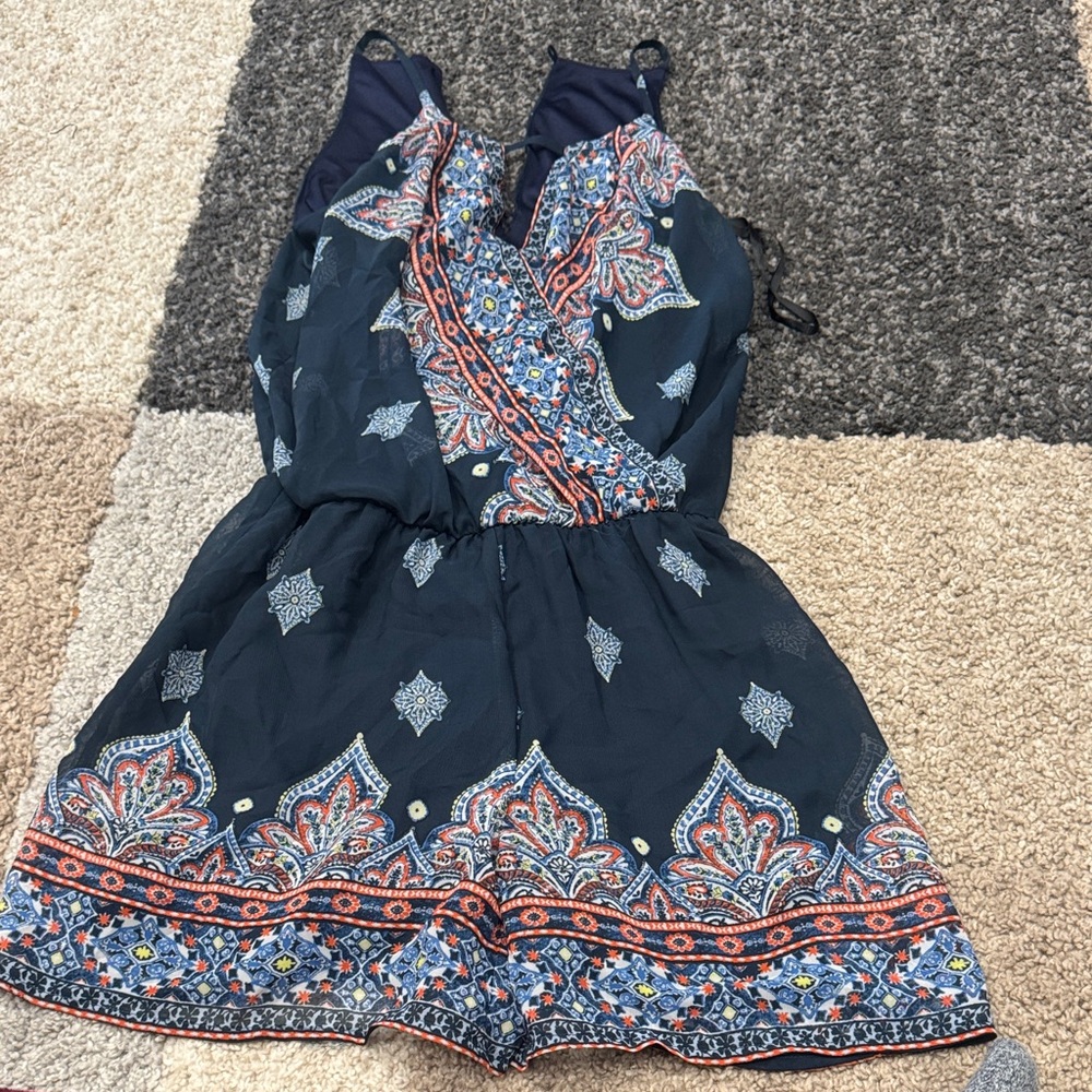 BCX Navy and Orange Patterned Jumpsuit